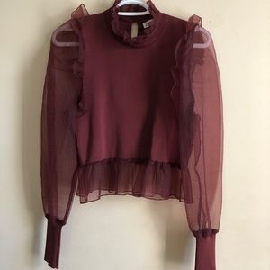 Zara burgundy red sheer-sleeve blouse